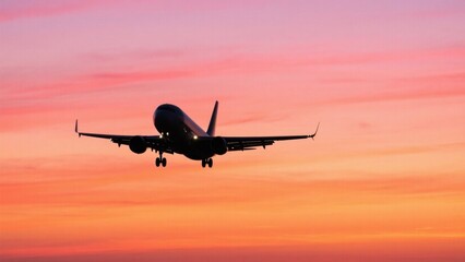Under the pink - purple gradient sky, the black silhouette of an airplane is preparing to land, presenting a quiet and simple scene.