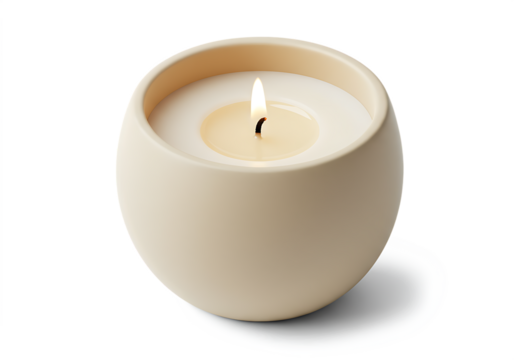 A lit cream colored candle with a single flame burning in a small spherical holder Isolated on transparent background