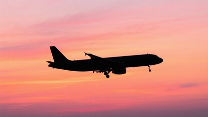 Under the pink - purple gradient sky, the black silhouette of an airplane is preparing to land, presenting a quiet and simple scene.