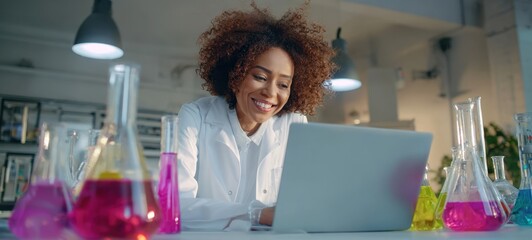 The scientist happily analyzing data on her laptop in a colorful laboratory setting.