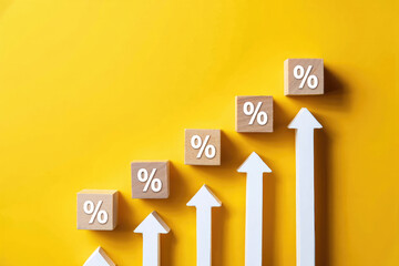 Percentage Increase Visualization Wooden Blocks with Percent Symbols and Upward Arrows on a Yellow Background Illustrating Financial Growth and Positive Trends