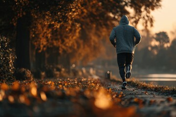 Obraz premium Sportsman running near a lake in a park during a beautiful autumn morning, sunlight shines through trees and leaves are falling