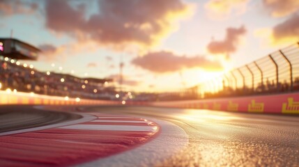 Obraz premium Racing track illuminated by sunset with vibrant skies and blurred surroundings capturing the excitement of motorsport