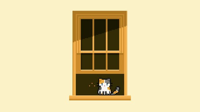 Minimalist yellow pixel art window animation with a cat that moves its tail and flying bee. Perfect for home decor themes, digital backgrounds, web design, retro-style illustrations, lofi banckground.