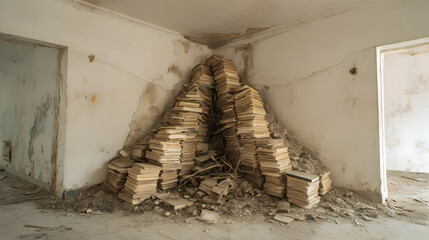 old books teetering on the edge of collapse in an abandoned library corner