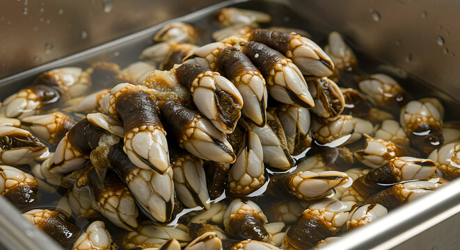 Spanish Canned Barnacles (Percebes). goose barnacles packed in brine solution, cannery production line 