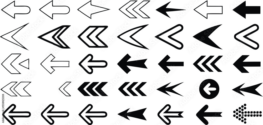 Poster collection of various arrow icons in different shapes styles pointing leftward on background