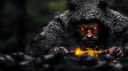 Intense scene of a man in a bear fur hood crafting fire in a dark forest setting
