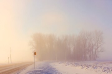 Winter foggy road with bare trees and snow covered landscape