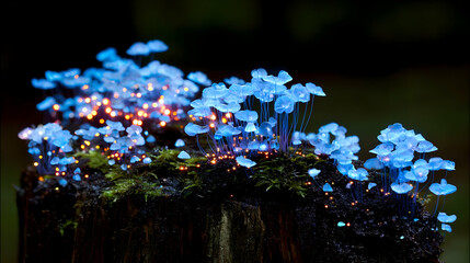 stump with carved symbols glowing faintly under bioluminescent fungi in a cave