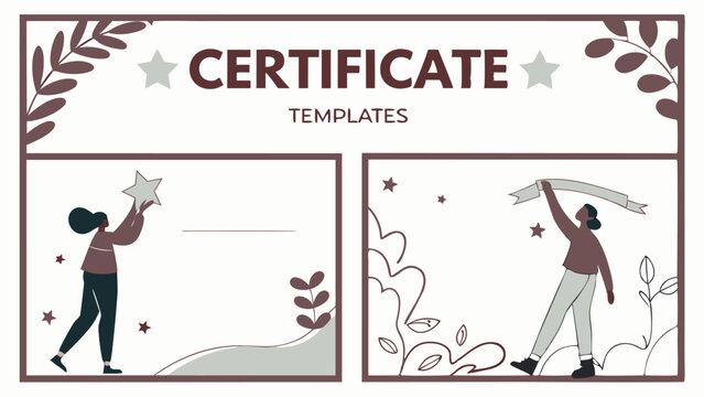 Certificate template designs with floral accents and illustrations of people reaching for stars and banners - Powered by Adobe