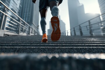 Close up of an athlete's orange shoes as he runs up the steps in a city setting, showcasing determination and urban fitness
