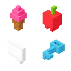 Obraz premium Pixel Art Food and Communication Icons Set: Ice Cream, Apple, Speech Bubble, and Key