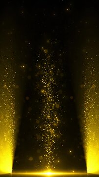 Gold Luxurious Christmas hanging holiday party lights background. New Year garlands lights glitter confetti flying falling down. Glowing shining Shimmering Bokeh. charismas, new year, holiday, wedding