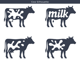 Creative Cow Silhouette Vector Set with Milk Splash and Typography Design