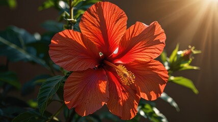 Vibrant Red Hibiscus Captured Against a Bright Background at Sunset

