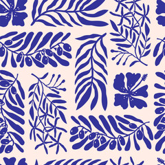Amalfi floral hand-drawn seamless pattern with leaves, flowers and branches. Retro vibes in naive Mediterranean style. Perfect for fabric, kitchen decor, wrapping, and summer design.