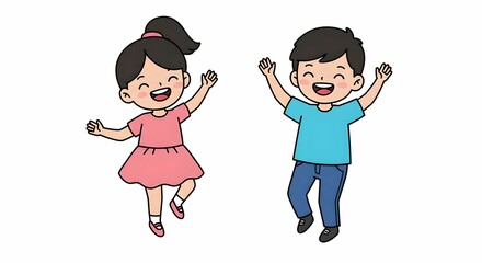 girl and boy jump, smiling and happy on white background
