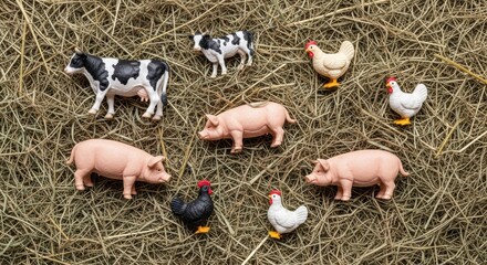 Farm animal figurines on hay: cows, pigs, chickens in rustic barn setting