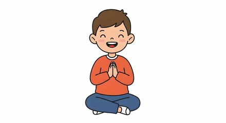 Boy does yoga. Kid pray on white background