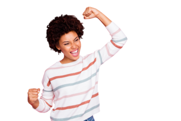 Photo of excited dark skin wavy lady celebrating excellent exam result raising fists wear white striped pullover isolated pastel pink color background
