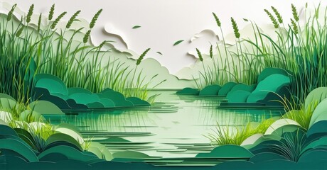 Obraz premium Papercraft landscape depicts serene river scene. Lush greenery surrounds calm water, mountains distant. Peaceful, idyllic setting.