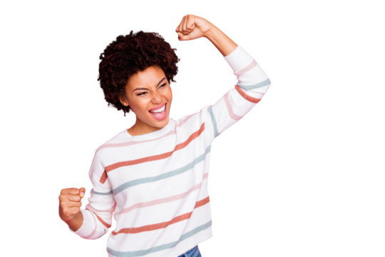 Photo of excited dark skin wavy lady celebrating excellent exam result raising fists wear white striped pullover isolated pastel pink color background