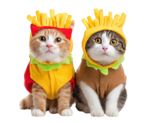Two adorable cats wearing creative costumes, one dressed as burger and other as fries, sitting together on transparency background, playful and cute pet portrait