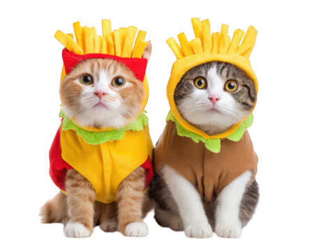 Two adorable cats wearing creative costumes, one dressed as burger and other as fries, sitting together on transparency background, playful and cute pet portrait