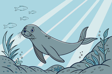 Cute Seal Underwater - Marine Life Cartoon Illustration