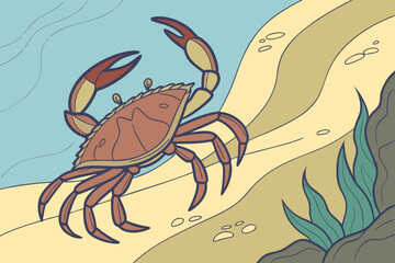 Red Crab on Beach - Coastal Marine Life Illustration