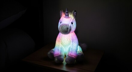 Glowing multicolored unicorn plush toy on wooden table in dark room