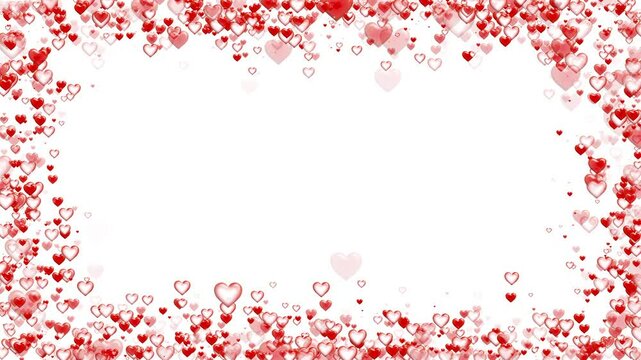 Red pink hearts creating border white background for Valentine's day. particles floating frame romantic theme love, passion, background. valentines day abstract pink background with pink heart falling
