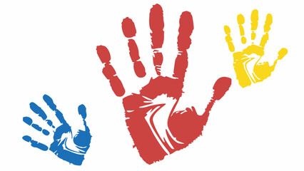 Three colorful handprints in blue red and yellow on a white background showing unity and diversity art