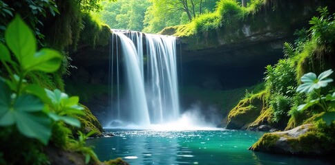 Fototapeta premium Tranquil Waterfall Oasis Lush Greenery Thriving Under Cascading Water, Irrigation, Nature, Serenity, Vibrant Plants