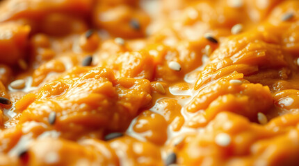 Tantalizing closeup of richly textured orange food with sesame seeds sprinkled on top, showcasing glossy and appetizing surface with vibrant color and moist appearance