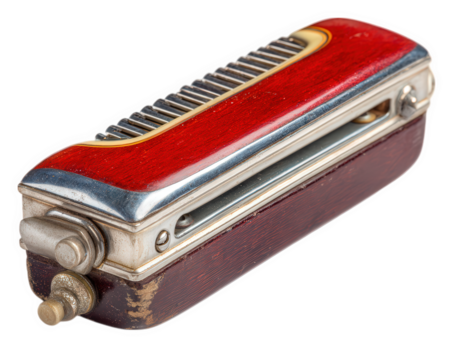 Vintage harmonica red wood metal isolated on transparency background closeup musical instrument retro classic detailed shiny nostalgic emotional expression
