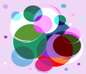 A collage of overlapping circles in various sizes and colors creates a vibrant, abstract composition. The use of transparency and layering gives depth to the overall design.