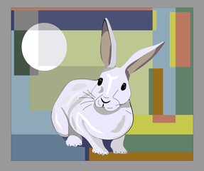 A white rabbit is depicted against a geometric background with overlapping rectangles and a circular shape. The use of pastel colors gives the image a soft, modern look.