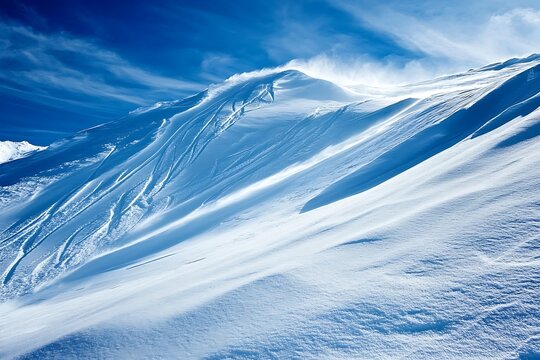 Dramatic snow covered mountain slope with wind blown snow and blue sky