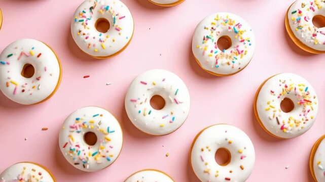 Arrangement of doughnuts with white frosting and sprinkles displayed on a pink surface forming a playful food pattern