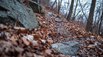 Fototapeta premium A damp, leaf-covered trail winds through a winter woodland, flanked by grey rocks and bare trees