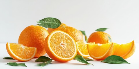 The vibrant oranges arranged beautifully with fresh green leaves.