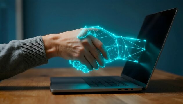 Digital handshake between a human hand and a glowing network emerging from a laptop screen