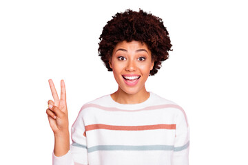 Photo of trendy wavy cheerful cute nice charming fascinating girlfriend black showing you v-sign...