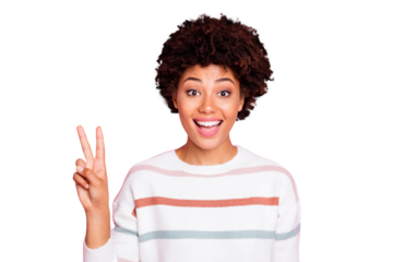 Photo of trendy wavy cheerful cute nice charming fascinating girlfriend black showing you v-sign with ecstatic on her face wearing white striped sweater isolated over pink pastel color background