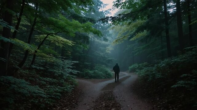 Person Walking on Forest Path at Fork in the Road Dark and Misty