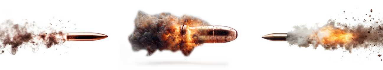 High-speed bullet piercing through thick cloud of dust on transparent background
 