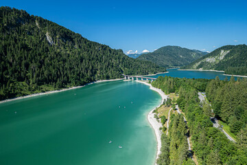 Germany, Bavaria, aerial view to Sylvenstein reservoir