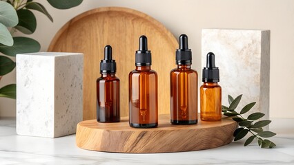 Naklejka premium Amber glass dropper bottles on wooden display, minimalist aesthetic, natural skincare product mockups.